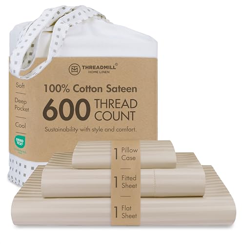 Image of Threadmill 100% Cotton Sheets for Twin XL Size Bed - 600 Thread Count Twin XL Bed Sheets Set with 15 inch Deep Pocket - Damask Stripe Sateen Weave 3-Piece Bedding Set with Cooling Effect, Beige