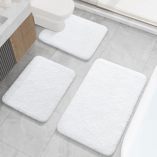 LOCHAS Bathroom Rugs Sets 3 Piece Microfiber Bath Rug Set Non Slip Washable Shaggy Toilet Rug Set Absorbent Soft Cozy Bath Mat Set Quick Dry White