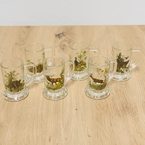6 teiliges Schnaps Krügle Krügerl Gläser Set mit farbigen Jagdmotiv - 2 cl -