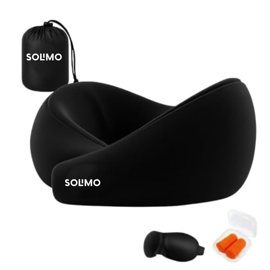 Amazon Brand - Solimo Solimo Adjustable Travel Neck Pillow with Velcro Support | Ergonomic Neck Cushion with Eye Mask, Ear Plugs & Travel Pouch | Flight & Road Trip Essential | Velvet Black-picture-20