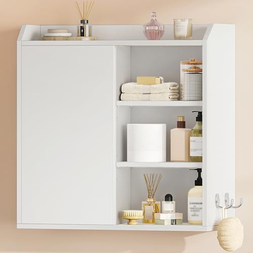 Hzuaneri Hängeschrank, Wandschrank mit verstellbaren Ablagen, mit Schiebetüren und offenen Regalen, Wandmontierter Badezimmerschrank, 30 x 60 x 60 cm, weiß BC30303X
