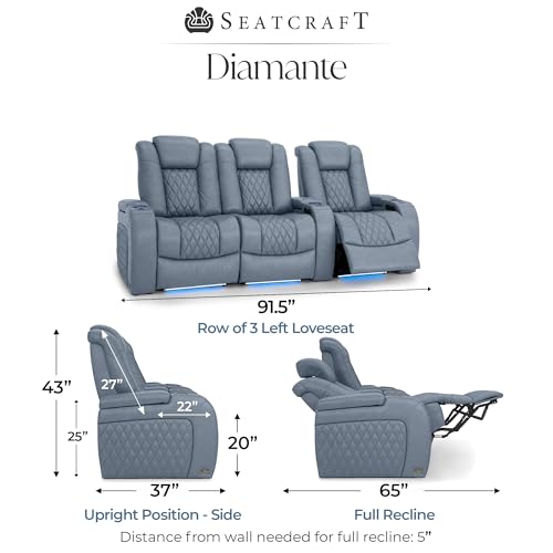 Image of Seatcraft Diamante Smokey Blue Italian Leather Home Theater Seating, Zero Gravity Power Recliner, Gaming and Home Office Chair, Powered Headrest Furniture for Cinema Room, Row of 3 Left Loveseats