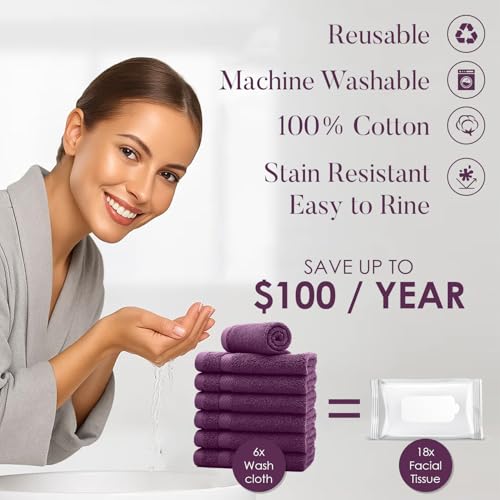 Image of DAN RIVER 12-Pack Premium 100% Cotton Purple Passion Face Towels for Bathroom - Reusable Face Wash Cloths for Showering 12 X 12 Inches - 550 GSM Super Soft & Absorbent Luxury WashCloths for Body & Spa