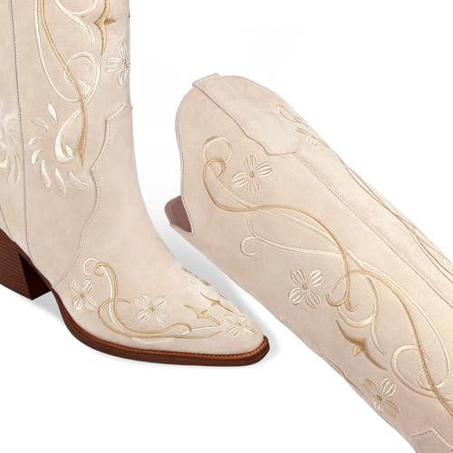 Image of Beige Cowboy Boots for Women, Knee High Cowgirl Boots with Pointed Toe, Chunky Heel, Floral Embroidery Western Boots Suede Tall Boots Size 8.5