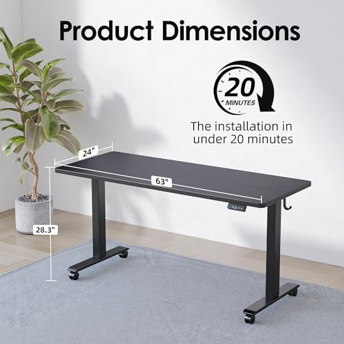 TIQLAB Standing Desk 63 x 24 inch, Electric Height Adjustable with Splice Board, Sit Stand Desk, for Home Office, Black