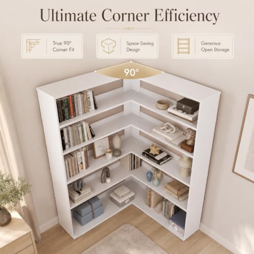 MXV 71.5" Tall L-Shaped Corner Bookshelf, 7-Shelf White Corner Bookcase, 35.2" x 35.2" Wooden Display Shelf with Open Storage for Living Room, Home Office - Image 3