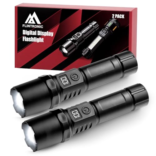 Flintronic 2PCS Linterna LED Recargable, Linternas LED Alta Potencia con 3 Modos, Linter na Tactica con Función de Pantalla LCD, Impermeable IPX4 con Zoom, para Camping, Emergencia, Senderismo, Regalo