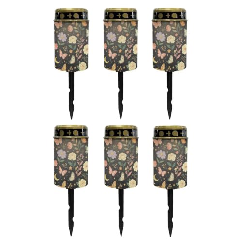 Image of Poceacles Solar Pathway Lights Outdoor Grave Solar Lights Outside Waterproof Cemetery Flameless Candles Outdoor Grave Candle Markers Eternal Decor, Butterfly Floral Print Black, Pack of 6
