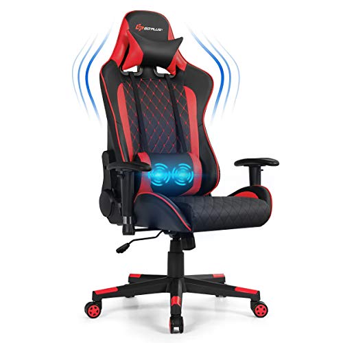 POWERSTONE Gaming Chair, Gaming Recliner with Adjustable Armrest Massage Lumbar Pillow Wide Cushion Ergonomic Office Computer Chair for Adults, Red