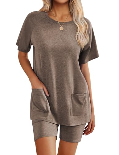 Image of Ekouaer Two Piece Sets for Women Summer Outfits 2026 Lounge Set Crew Neck Tshirts Biker Short Sweatsuit with Pocket