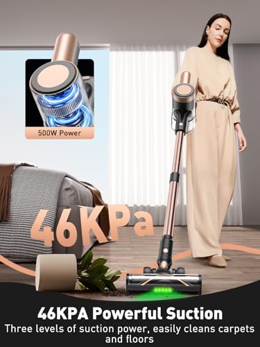 Cordless Vacuum Cleaner, 46KPa/500W Stick Vacuum with 55 Mins Runtime, Self-Standing Vacuum Cleaner for Home, LED Display, Anti-Tangle Brush, Rechargeable Vacuum for Pet Hair, Carpet & Hard Floors
