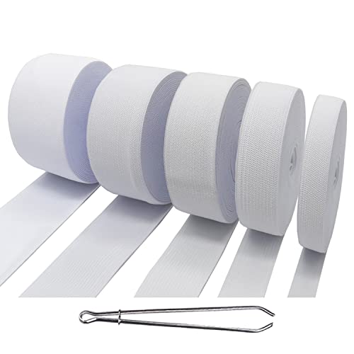GROVBLE 25M Elastique couture Blanc 10mm 20mm 30mm 40mm 50mm Bande Élastique couture, 5 Pcs Couture Bande Élastique Tresse Élastique avec Bande Élastique pour Bricolage Artisanat Enfile-Aiguille Cover