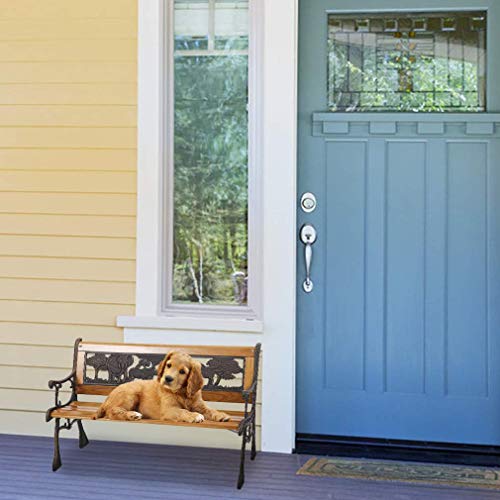 Outdoor Kid Bench Seating, 32.6" Kids Mini Sized Hardwood Bench W/Metal Frame & Cast Iron Armrest, Antique Safari Animal Garden Bench For Children Patio Lawn Balcony Backyard Porch And Indoor #TOP7
