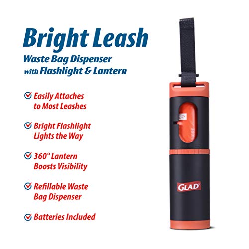 Image of Glad for Pets Bright Leash Waste Bag Dispenser with Flashlight Dog Waste Bag Dispenser Includes 15 Dog Waste Bags with Safety Lights for Walkers Refillable Pet Waste Bag Dispenser for Dog Walking