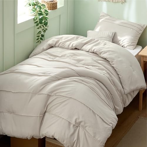 Image of Bedsure Beige Twin XL Comforter Set - 3 Pieces Pinch Pleat Bed Set, Down Alternative Bedding Sets for All Season, 1 Comforter, 1 Pillowcase, 1 Decorative Pillow