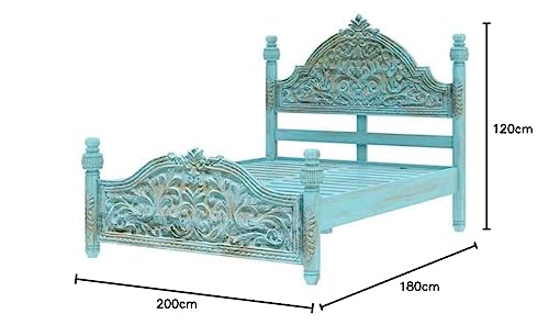 Image of Arman Handicrafts Hand Carved Solid Wood Bed Frame with Decorative Headboard & Footboard | Vintage Style Wooden Bed for Bedroom | Strong Mattress Support Bed Frame | Turquoise Finish