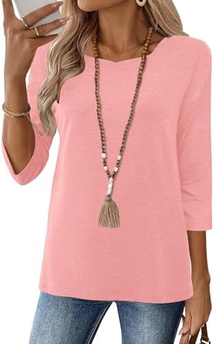 JomeDesign Womens Tops Trendy Fashion 2026 V Neck Tunic Vacation Shirts 3/4 Sleeve Loose Fit Blouses Coral Pink XL