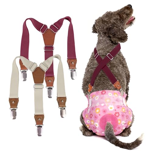 Image of Pet Soft Dog Suspenders 2 Pieces Female Dog Diaper Suspenders for Dogs Diaper Keeper Suspender for Dogs Skirt, Doggy Dress (Brown & Burgundy, S /M)