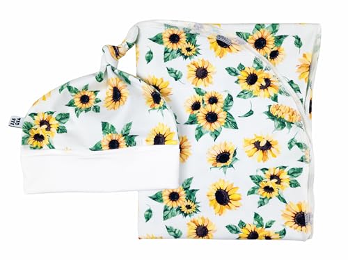 Image of Sunflower Swaddle and top Knot hat Set, Handmade Stretchy Soft Cotton (0-3 m hat, Sunflower)