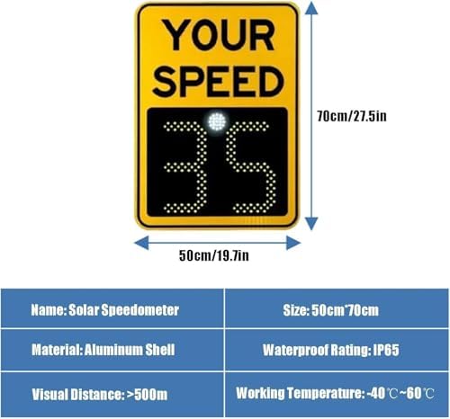 Solar Powered LED Radar Speed Display Sign - Adjustable Speed Limit, Aluminium Construction, Includes Accessories, 60x90 cm - Enhance Road Safety with Real-Time Speed Monitoring