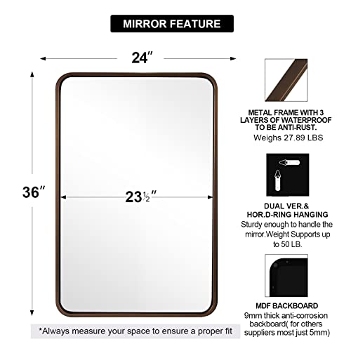 Image of ANDY STAR Bronze Bathroom Mirror, 24X36 Bronze Vanity Mirror for Wall, Rounded Rectangle Mirror Tube Metal Frame Hang Vertically or Horizontally