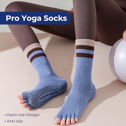 Womens Pilates Yoga Toe Socks with Grips Non Slip Cushioned Crew Socks Mid Calf for Barre Ballet