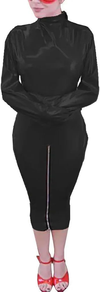 Women PVC Sissy Full Sleeve Knee-Length Pencil Bandage Sheath Dress Plus Size for Exotic Halloween Party