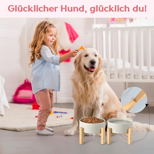 SPUNKYJUNKY Hundenapf Keramik Erhöhter Futternapf Set mit Bambus Ständer für Katzen und Hunde (400ml, Grau)
