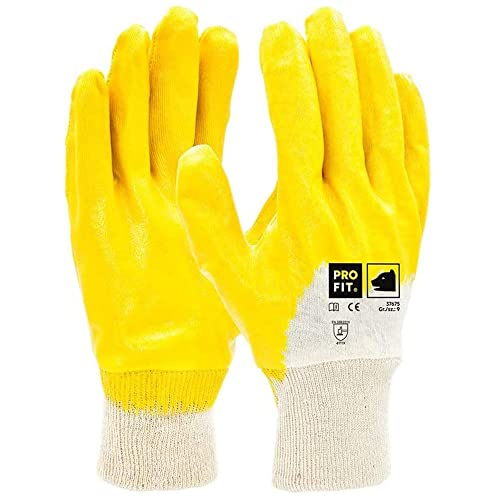 PRO FIT Nitril-Handschuh 12 Paar – Arbeitshandschuhe, Mechaniker-Handschuh, Schutzhandschuhe, Gartenhandschuhe ¾ beschichtet, Montagehandschuhe - Gelb, Gr. 10