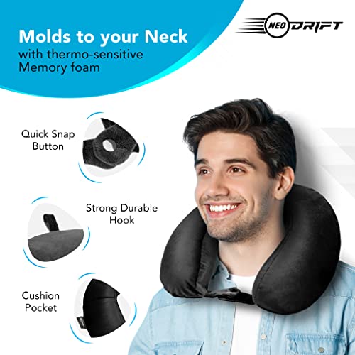 Image of Neodrift TravelNeck - Travel Neck Pillow with Memory Foam Head Support for Airplane, Car, Train, Bus, and Home Use - Ultimate Comfort Velvet Cushion Travel Pillow (Color: Black)