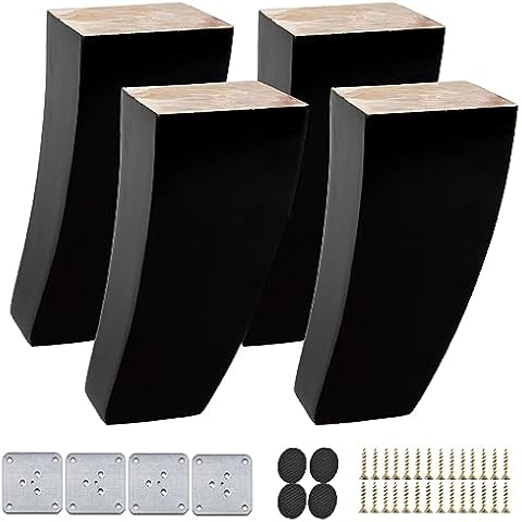 TCHOSUZ 6 inch / 15cm Wooden Furniture Legs, Set of 4 Mid Century Modern Solid Wood Black Curved Pyramid Square DIY Replacement Feet for Sofa Couch Armchair Bed Recliner Riser Cover
