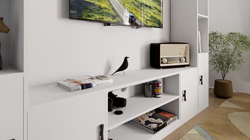 Image of Raywud Elavora Engineering Wood Floor Standing TV Entertainment Unit Set | TV Cabinet with Shelves for Books & D�cor Display Unit Bed Living Room | Ideal for TV Unit Upto 55 inch (Frosty White) | DIY