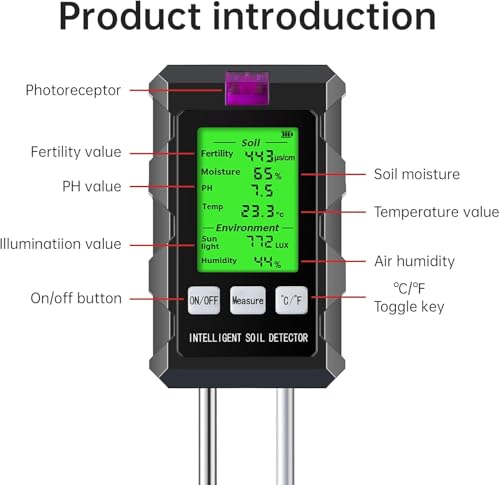 Image of 6 in 1 Soil Tester with Moisture, pH, Temperature & Sunlight | Fertility Testing, For Farming & Gardening, Lawn & Plant Use, AAA Battery Powered, 6 Parameters