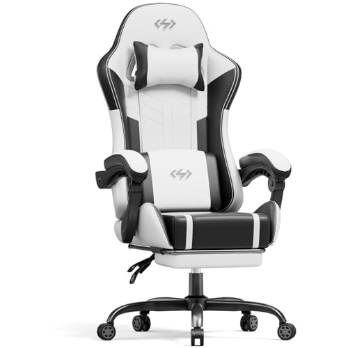 HLFURNIEU Chaise Gaming Massante, Chaise Gamer avec Coussin à Ressorts Ensachés, Fauteuil Gaming avec Coussin Lombaire Massant et Repose-Pieds, Appui-tête, Siège Gaming Noir et Blanc