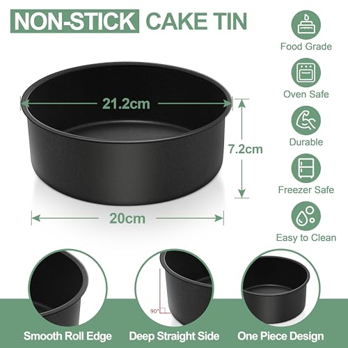 Herogo 8 Inch Cake Tin, Non-Stick Round Stainless Steel Cake Tin Set of 2, 7.5cm Small Deep Baking Tray for Brownie Cake - Image 2