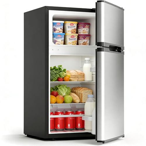 Image of Kismile 2.5 Cu.Ft Mini Fridge with Freezer, Double Door Compact Refrigerator, 3-Level Mechanical Thermostat, Reversible Door&Removable Shelves, Low Noise, Ideal for Office, Apartment, Dorm, Silver