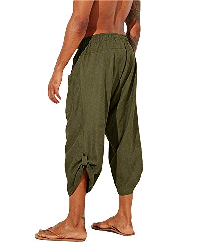 Gafeng Calça capri masculina para ioga, casual, cintura elástica, cordão, esportiva, algodão, linho,