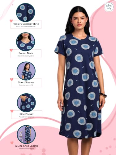 Image of 9shines Label Hosiery Cotton Knee Length Short Night Dress | Short Nighty for Women with Pocket | Graphic Print Nightwear | Night Gown for Women (M-7XL)
