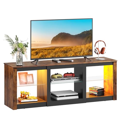 WLIVE LED TV Stand for 65 Inch TV, Modern Entertainment Center with Adjustable Glass Shelves & Customizable LED Lights, Sturdy Media Console for Living Room, Bedroom,Gaming (Brown)