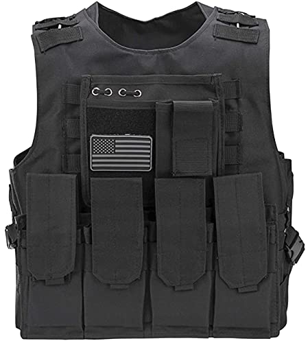 Tactical Airsoft Vest w/US Flag Patch and Triple Pouches (black, small-large)