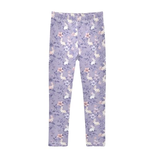 Purple Floral Rabbit Girls Leggings Soft Stretch Workout Yoga Dance Pants for Kids Casual Tights