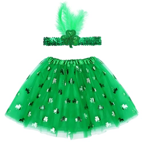 Haakong 2Pcs St. Patrick's Day Costume Accessories Set Shamrock Tutu Skirt for Women with Green Sequin Shamrock Headband for St Patrick's Day Decorations Supplies Dress up Accessories