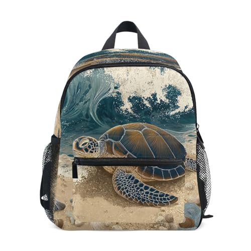 ALAZA Toddler Backpacks for Boys Girls Vintage Sea Turtle on Beach Kids Backpack with Chest Clip and Name Tag,S