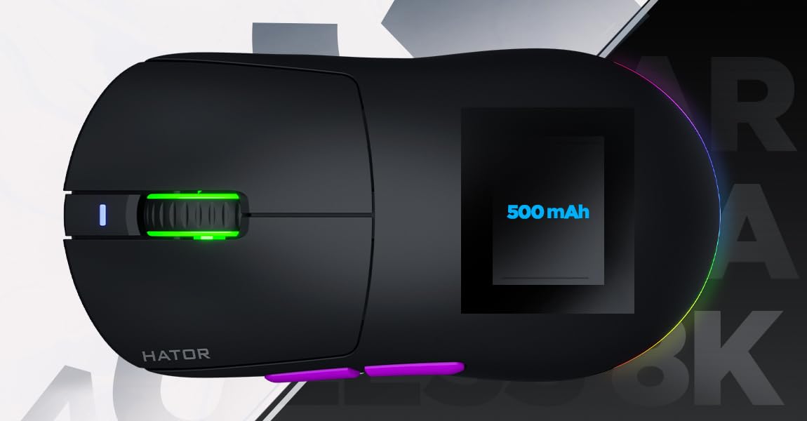 HATOR Quasar 3 Ultra 8K Wireless Ratón Gaming inalámbrico, 65g Ultraligero, PixArt PAW3950, 30000 dpi, Optical Switches 100M, 8000Hz, 2.4GHz/Bluetooth 5.4/USB-C, PTFE Skates, RGB, PC/Mac (Negro)