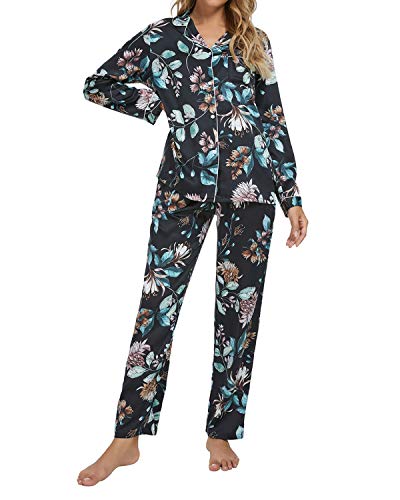 Satin Pajamas Set for Women Floral Long Sleeve Top and Pants Nightwear Button Down Sleepwear Silky Loungewear 2 Pcs Pj Sets