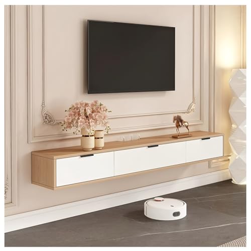 Moderno soporte flotante para TV, centro de entretenimiento de madera maciza de perfil bajo con gestión de cables para sala de estar y dormitorio, acabado natural (200 x 22 x 21 cm)