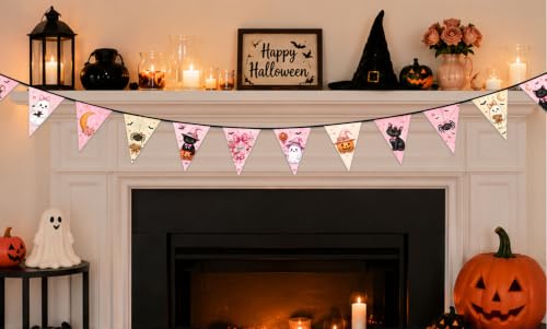 Image of Pink Halloween Banner with 12 Fabric Triangle Pennants, Coquette Bow Ghost Black Cat Pumpkin Garland, Cute Farmhouse Halloween Decor for Bedroom, Kitchen, Party, Ready to Hang, 13FT