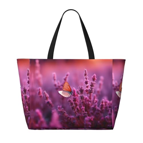 Purple Tulip Butterfly Print Large Capacity Foldable Washable Zipper Beach Travel Tote Bag ShoppingBag2