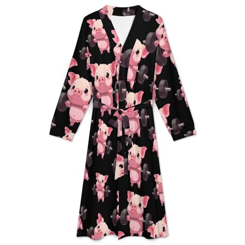 Piggy Weight Lifting Soft Robe Long Sleeve Bathrobes V Neck Sleepwear Spa Robes with Belt Men Woman3