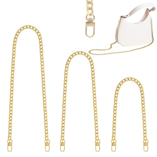 Hnnyyie 3 pieces Gold Purse Chain Strap Flat, 3 Different Sizes Iron Purse Straps Replacement Crossbody for DIY Straps for Bags with Metal Buckles(15.7/31.4/47.2 Inch)